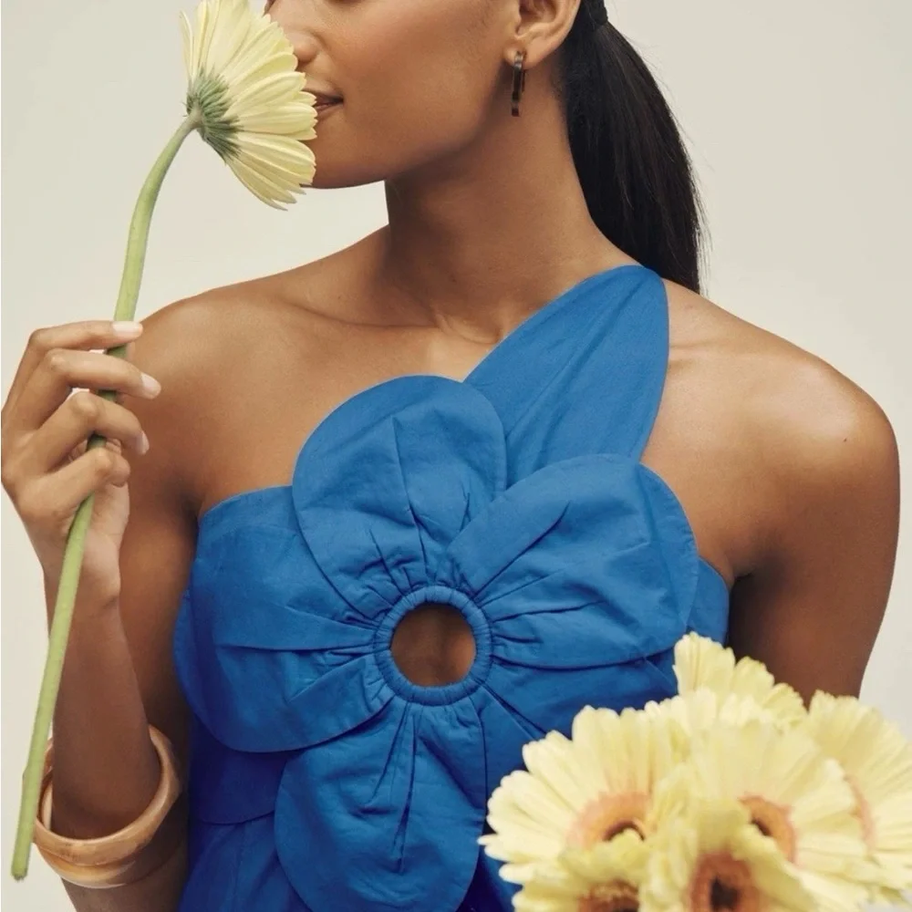 ANTHROPOLOGIE One-Shoulder Cutwork Dress Sz XXS Blue Floral Appliqué STUNNING - Picture 3 of 13